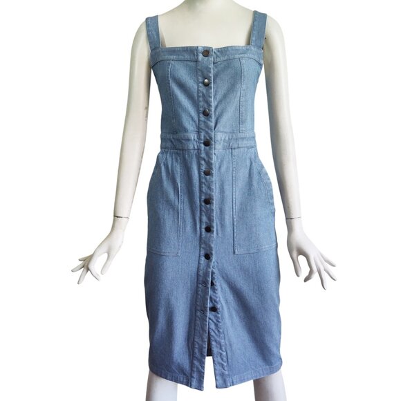 34N 118W Button Front Back Tie Pockets Denim Pencil Silhouette Sun Dress Sz M - Picture 1 of 12
